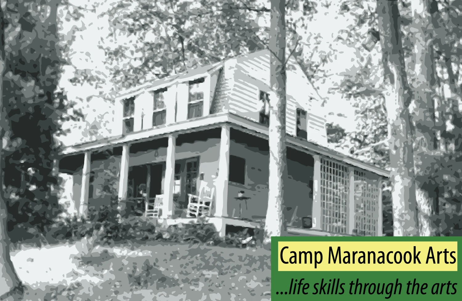 Monochrome illustration of a Camp Maranacook Arts building surrounded by trees